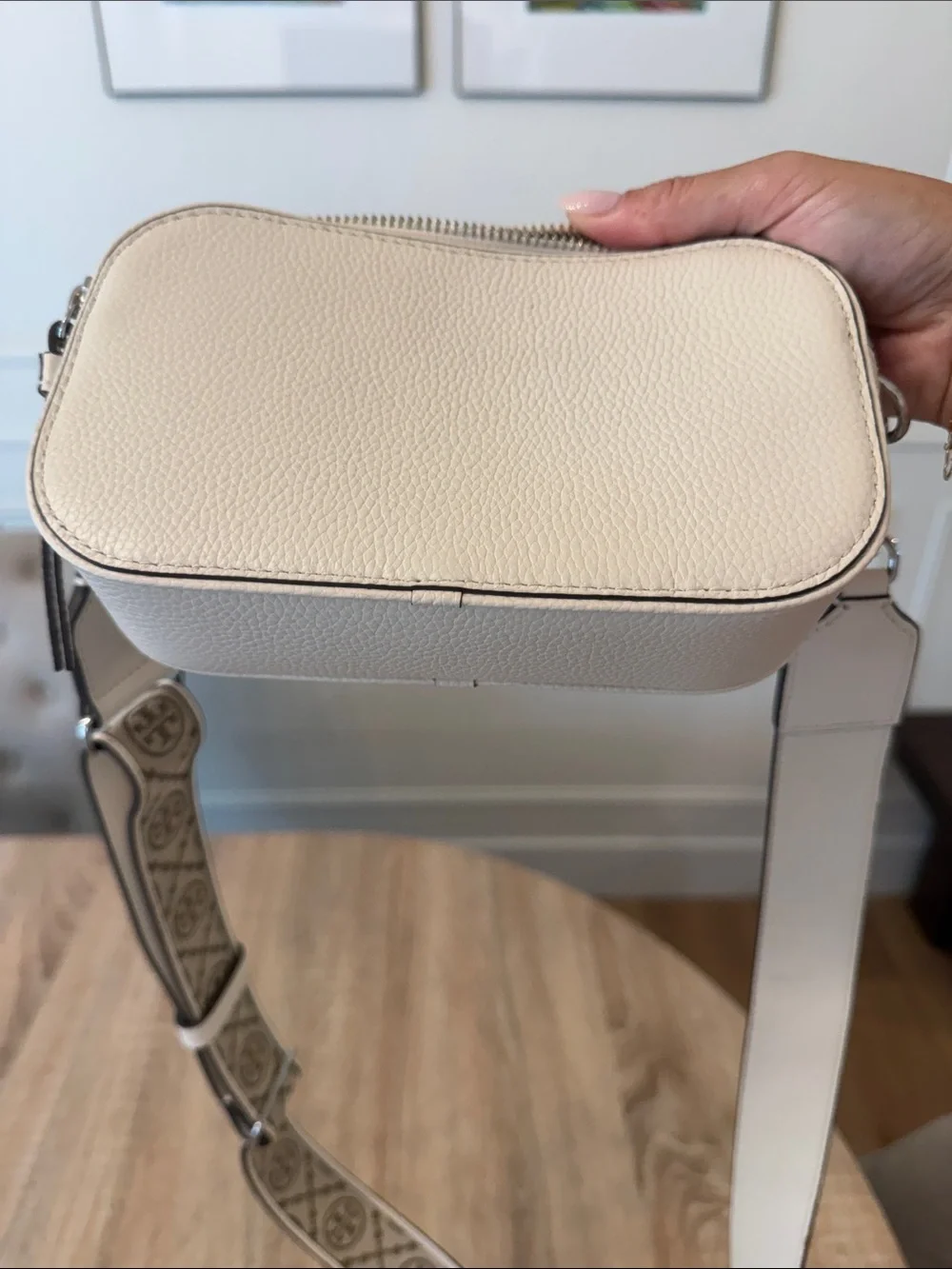 Tory Burch Cream Pebbled Leather Crossbody Camera Bag with Logo Strap